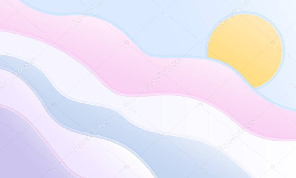 Paper art cartoon abstract waves and sun. Paper carve background. Modern origami design template. Vector illustration.