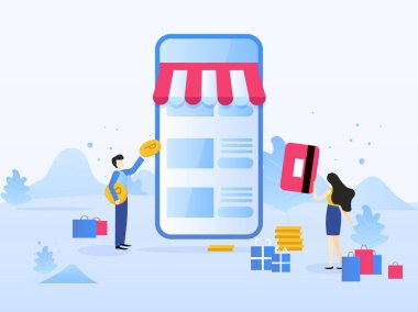 İnternetten alışveriş, mobil pazarlama. Web sayfası, afiş, sunum, sosyal medya, belgeler, kartlar, posterler için kavram. Vektör illüstrasyonu, M-Ticaret, Web ve cep telefonu hizmetleri ve uygulamaları.