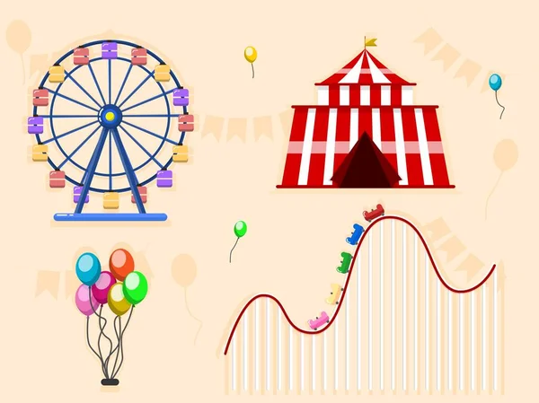 Conjunto Ilustraciones Vectoriales Iconos Circo Carnaval Con Carpa Carruseles Banderas — Vector de stock