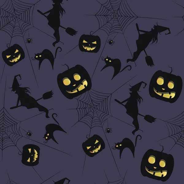 Classic Halloween Naadloos Patroon Ontwerp Met Pompoen Vleermuis Zwarte Kat — Stockvector