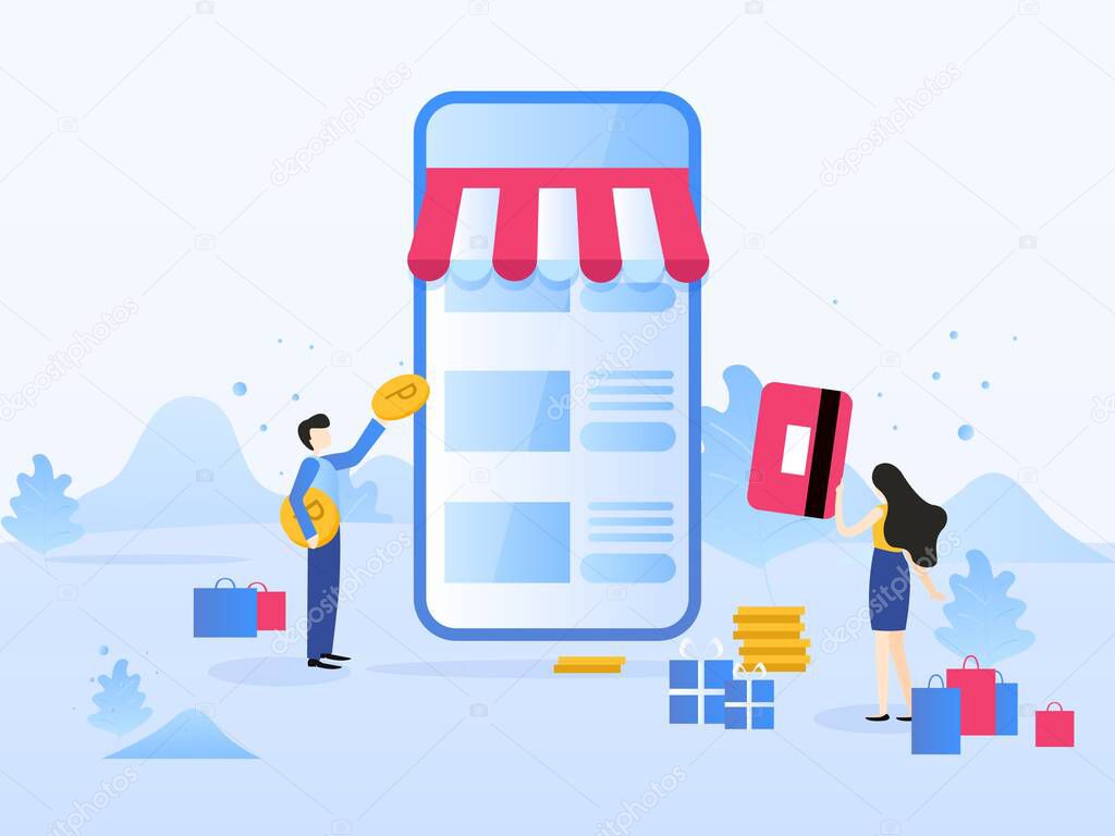 Online shopping, mobile marketing. Concept for web page, banner, presentation, social media, documents, cards, posters. Vector illustration, M-Commerce, web and mobile phone services and apps.