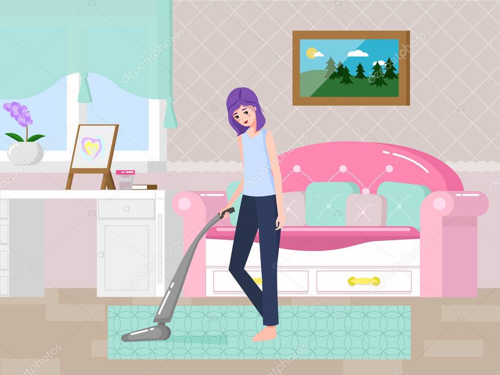 Living room with furniture. Girl started running the vacuum cleaner in room. Cozy interior with sofa and work table. Flat style vector illustration.