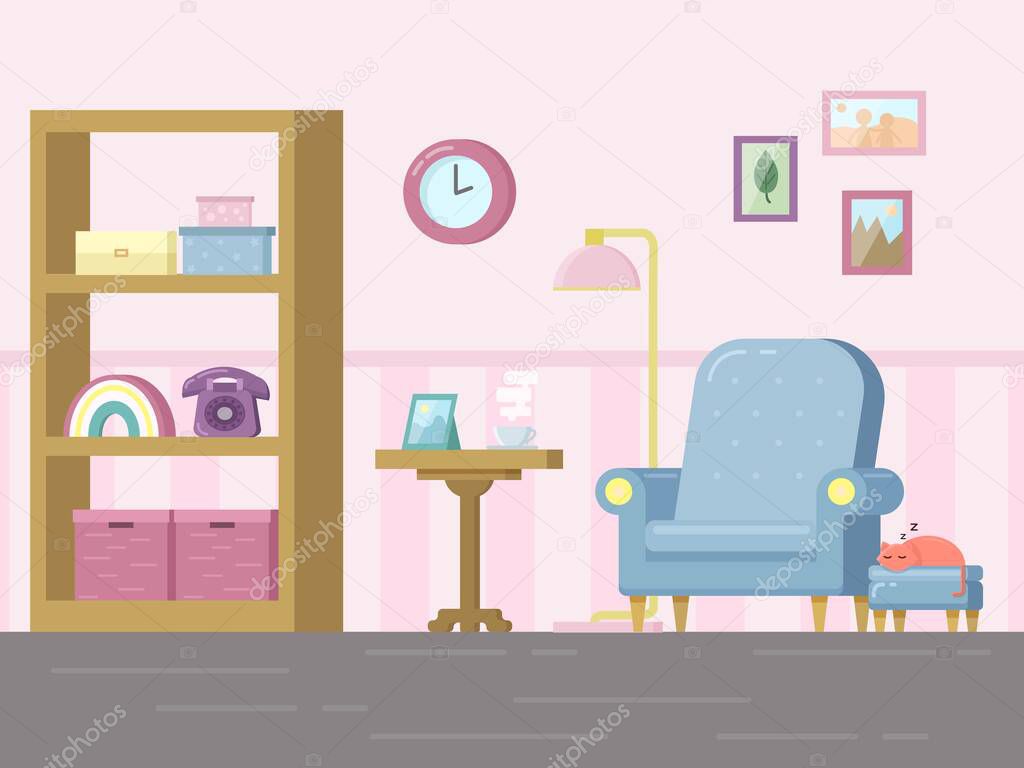 Living room with furniture and sleeping cat. Cozy interior with armchair and bookcase. Flat style vector illustration.