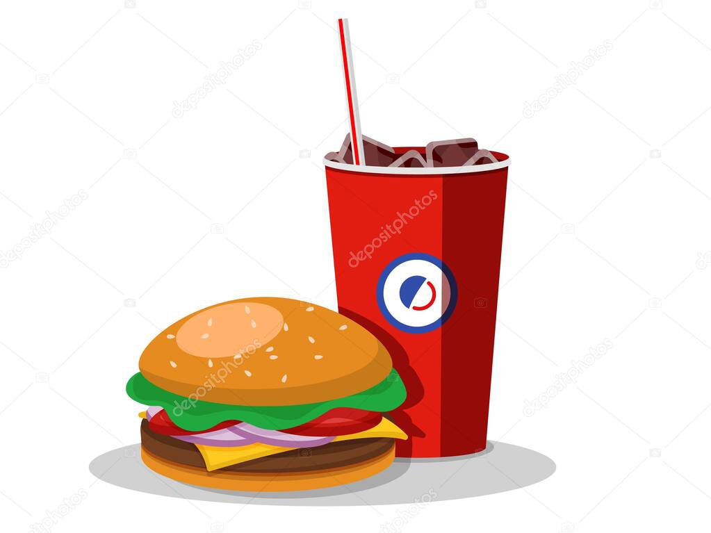 Fast food icon, vector illustration. Isolated on white background. Flat design style. Banner with fast food hamburger and soda drink. Takeaway food.