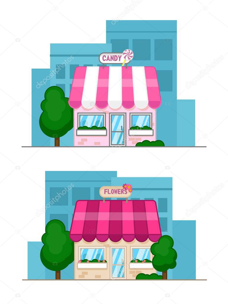 Flat design vector illustration of small business concept. House with shop. Flat candy shop and flower shop