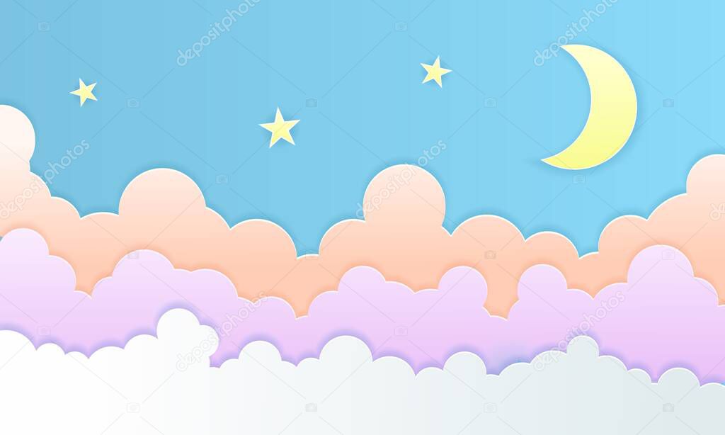 Paper art colorful fluffy clouds, moon and stars background. Modern origami paper art style. Vector illustration. Pastel colors