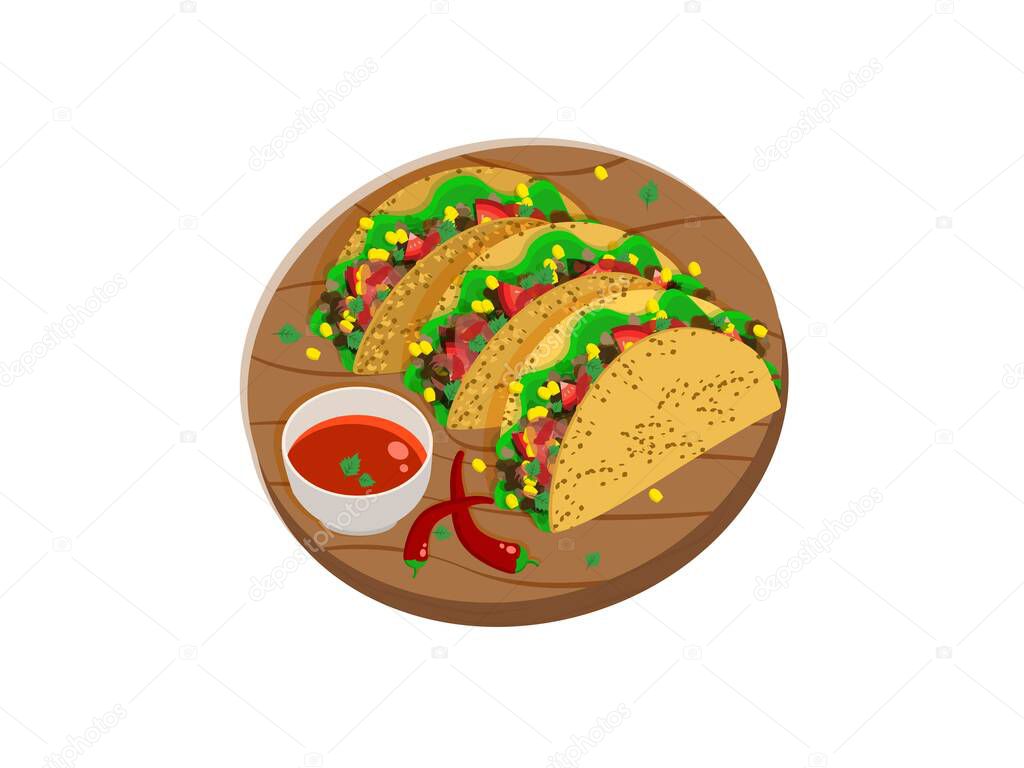 Three Mexican tacos on a wooden tray with spicy sauce and chili peppers. Vector illustration.