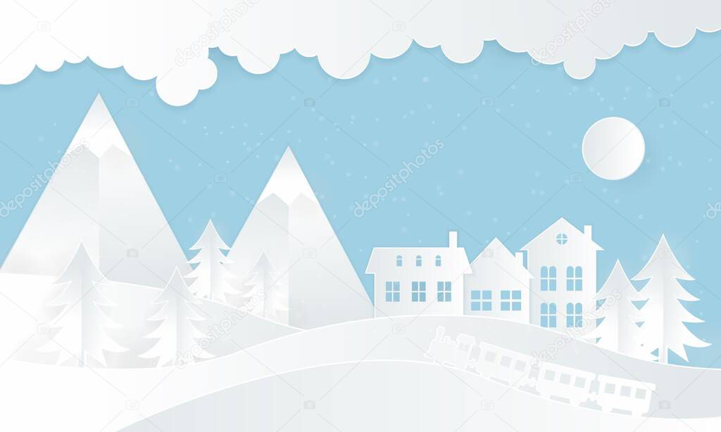 Views of housing in winter. winter illustrations with homes and steam trains. Paper art and digital craft style