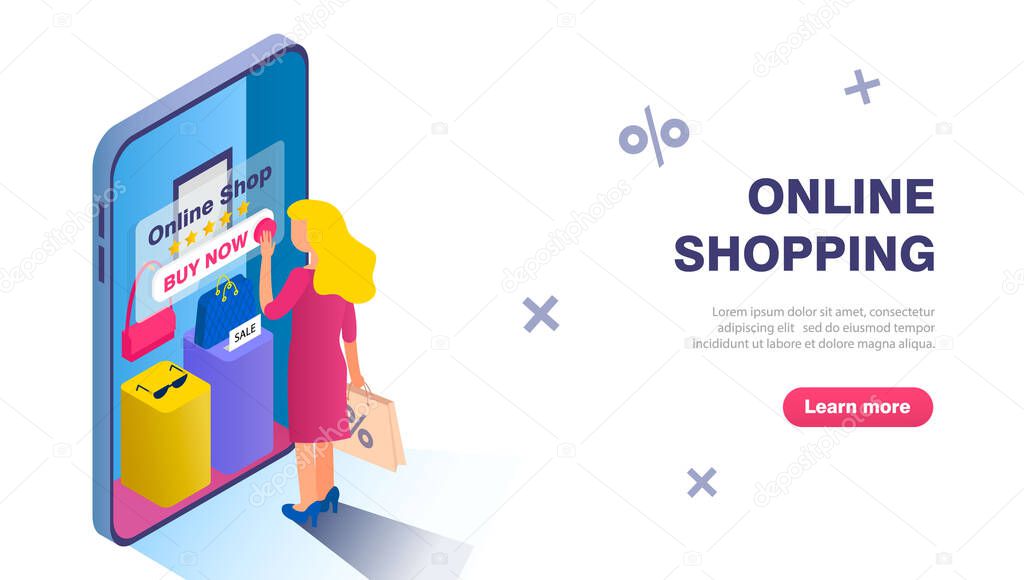 Online shopping buisness concept banner. Blond girl chooses goods in the online store.