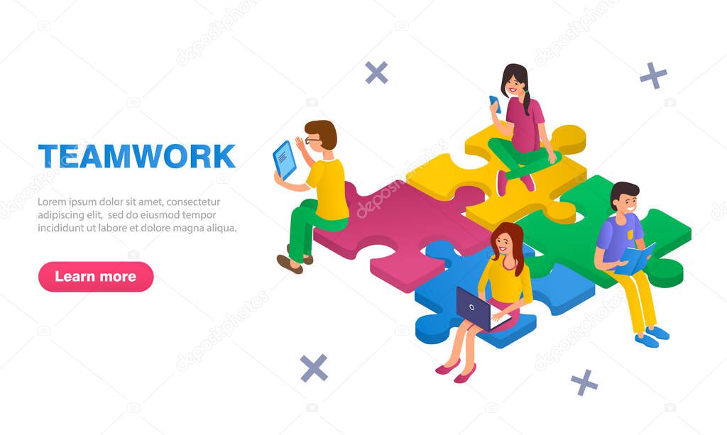 Teamwork business banner concept. Girls and boys work together, sit on the pieces of the puzzle. Isolated on white background