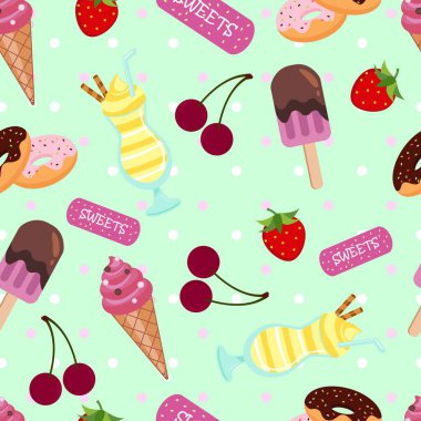 Farklı dondurma türleri olan el çizimi karalama kalıpları: dondurma külahı ve fincan dondurma. Arkaplan tasarımı için komik çizgi film stili vektör çizimi.