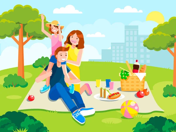 Famiglia allegra a fare un picnic. Riposo con cibo nel parco . — Vettoriale Stock