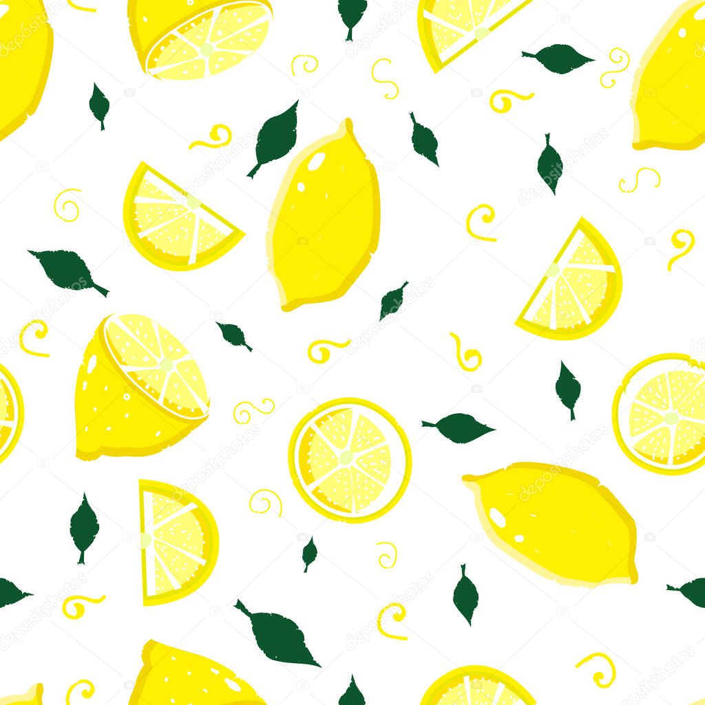 Fresh lemons background. Summer seamless pattern. Colorful wallpaper vector.