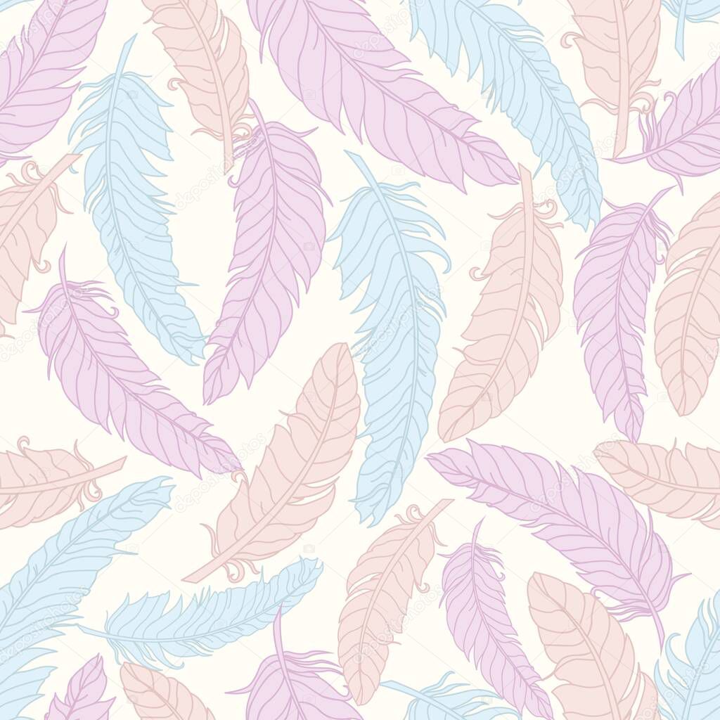 Feathers seamless pattern. Feathers of tender shades. Swan lake pattern
