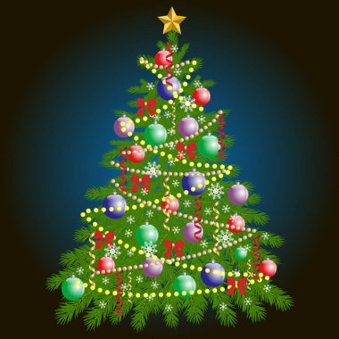 Koyu mavi arka plan üstünde toys ile güzel bir Noel Simli ağaç çizimi