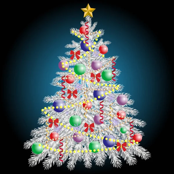 Koyu mavi arka plan üstünde toys ile güzel bir Noel Simli ağaç çizimi