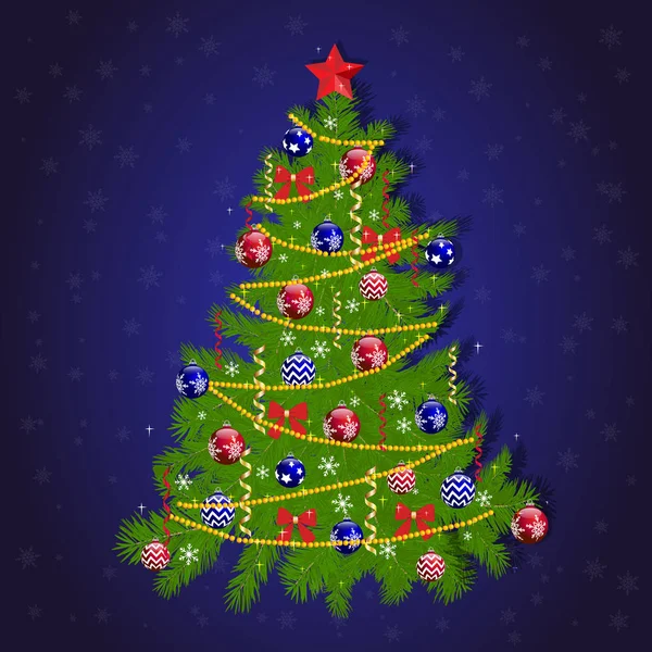 Ilustración Hermoso Árbol Navidad Con Juguetes Sobre Fondo Azul Oscuro —  Fotos de Stock