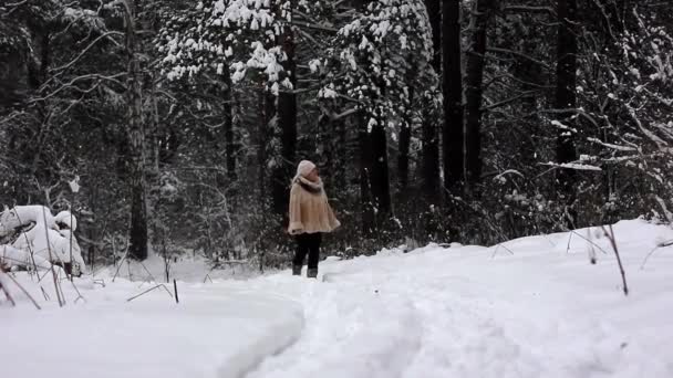 Женщина в зимнем лесу — стоковое видео
