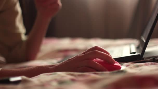 Рука тримає мишу з ноутбука — стокове відео