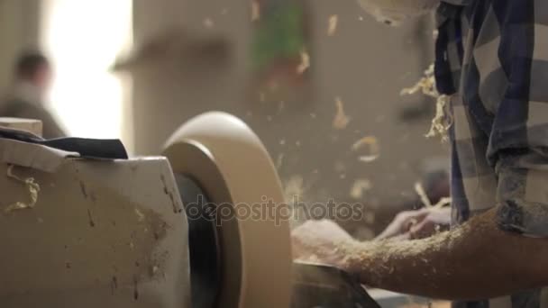Foot operated spring pole wood lathe. — Stock Video