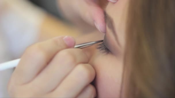 Maquillaje artista pinta los ojos — Vídeos de Stock