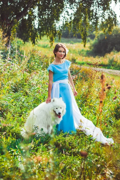 Menina na natureza com um cão — Fotografia de Stock