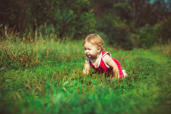 L'enfant est assis sur l'herbe — Photo