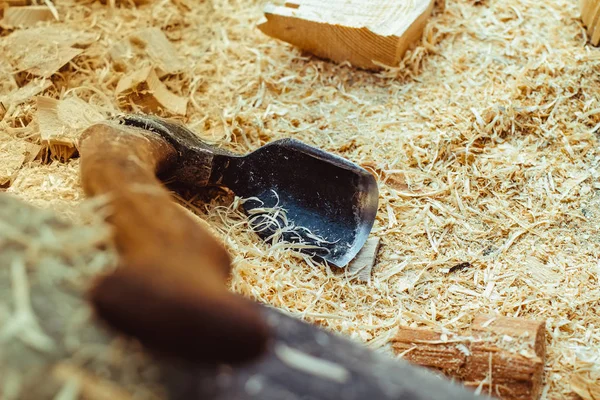 De bijl ligt op de boom — Stockfoto