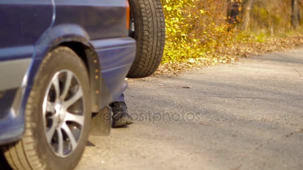 一个男人滚轮胎 — 图库视频影像