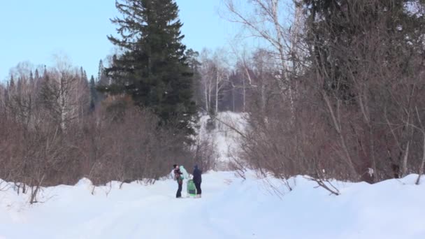 人们走在冬天的树林 — 图库视频影像