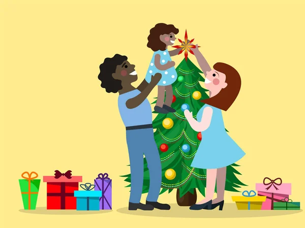 Desenho vetorial de uma família que decora uma árvore de Natal —  Vetores de Stock