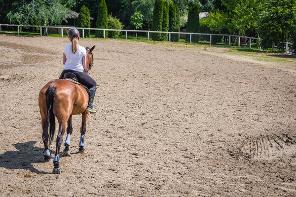 Rear view of female riding a horse in outdoor equestrian arena