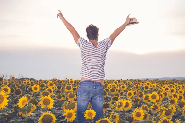 Feliz joven agricultor de pie en el campo de girasol —  Fotos de Stock