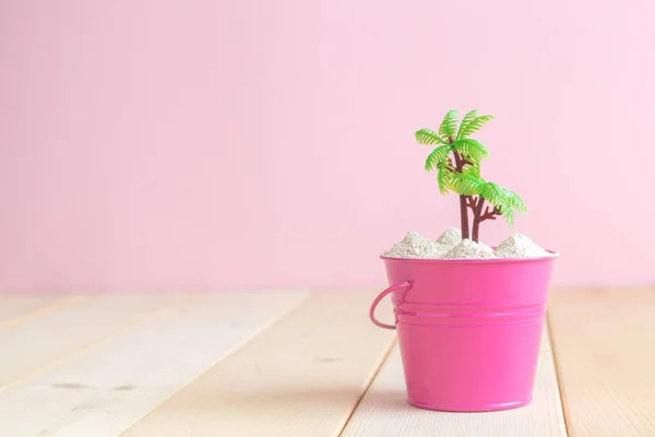 Lata rosa com palmeira na mesa — Fotografia de Stock