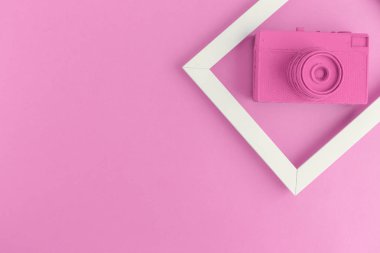 Düz gül vintage fotoğraf makinesi ve fotoğraf çerçeve arka plan yattı