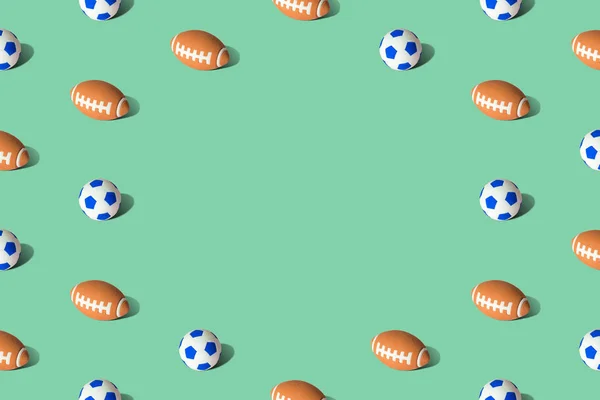 Pattern texture made of soccer and american football balls abstract on pastel green.