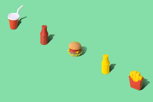 Fast food yapay sembolleri pastel yeşil arka planda minimum yaratıcı kavram. Kopyalamak için boşluk. — Stok fotoğraf