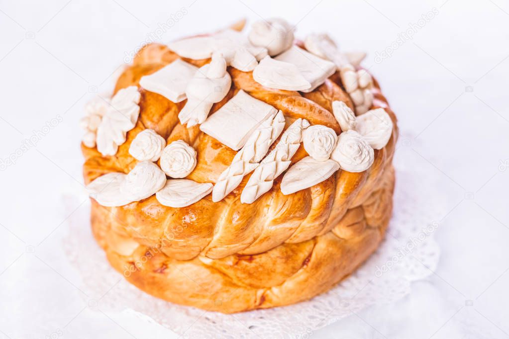 Decorated bread for celebration a saint in Orthodox faith. Serbian traditional and cultural heritage.