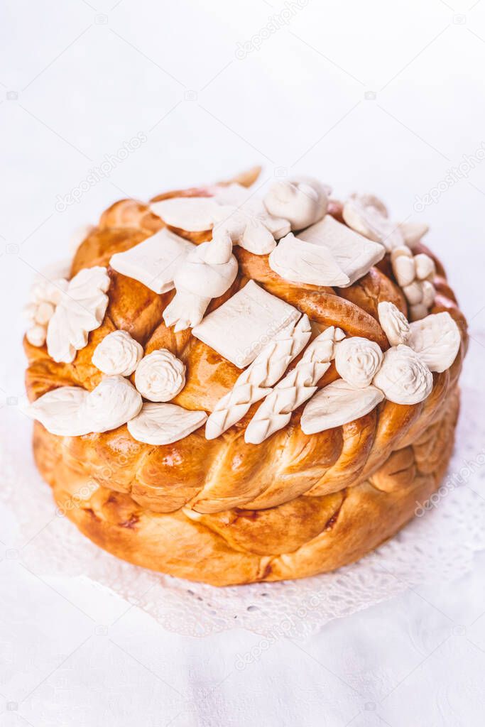 Decorated bread for celebration a saint in Orthodox faith. Serbian traditional and cultural heritage.