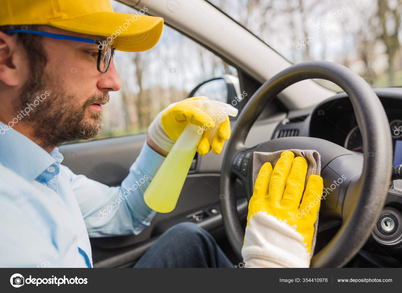 Close Up of Man Cleaning Car with Cloth and Spray Bottle, Car