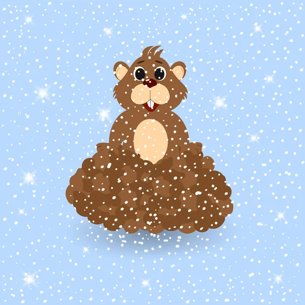 Postal del día de la Marmota. Marmota en el backgro de invierno nevado — Vector de stock
