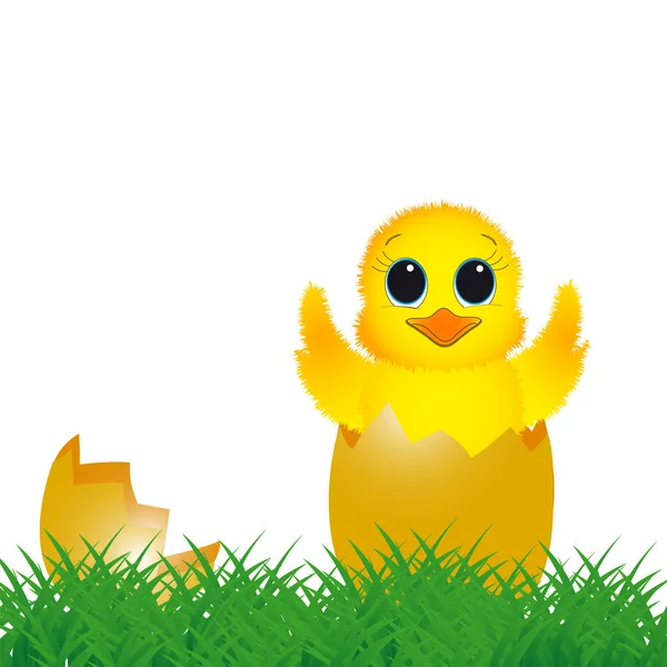 Zabawny kurczak w powłoce na trawie. Wesołych Świąt — Wektor stockowy