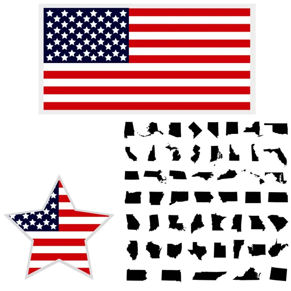 Sada ikon mapa státu. Americká vlajka, hvězda — Stockový vektor