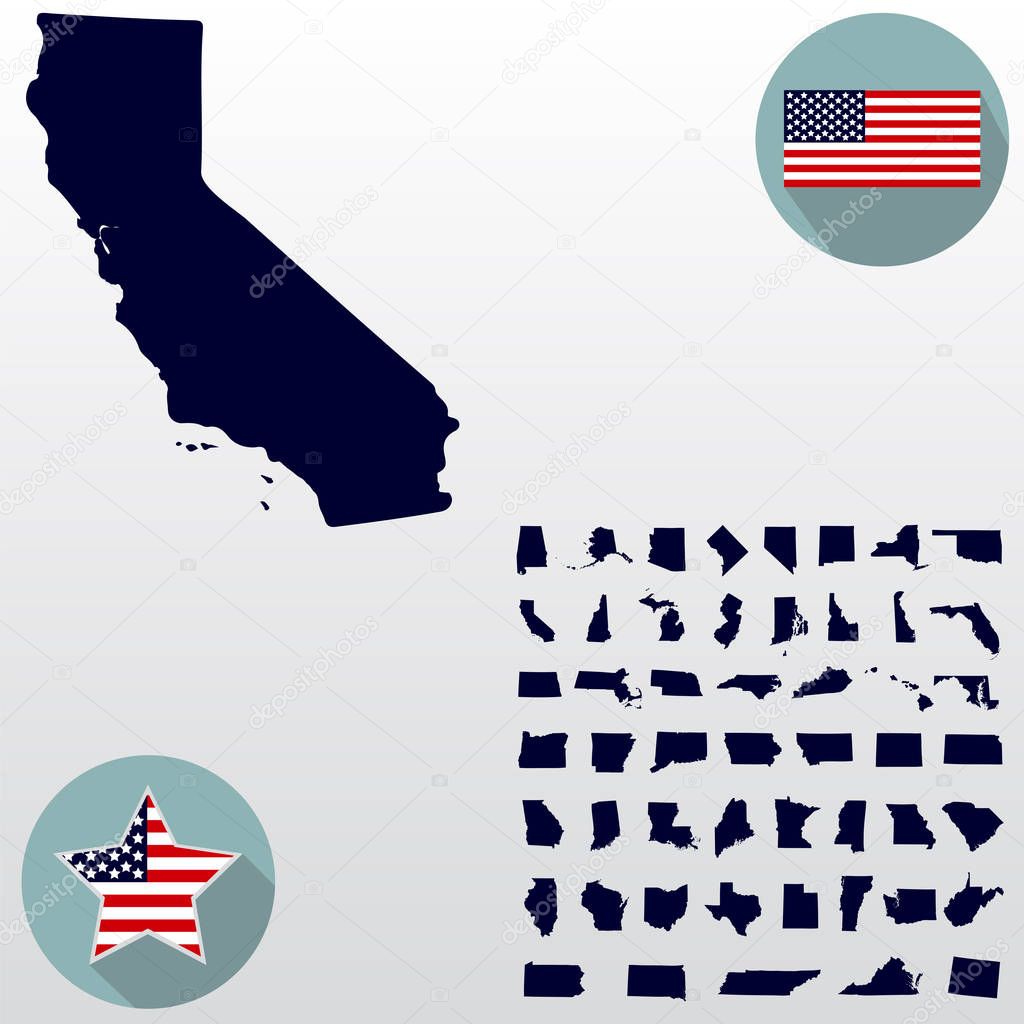 Map of the U.S. state of California on a white background. Ameri