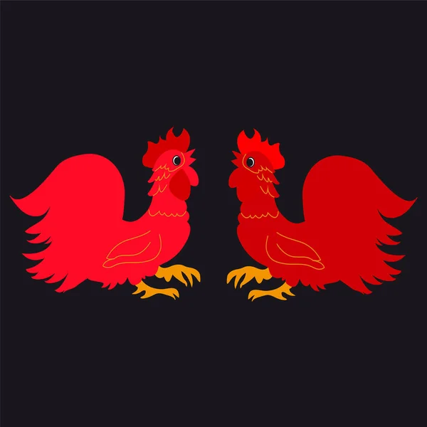 Two red cock on a black background.The symbol of the new year 20 — Stock Vector