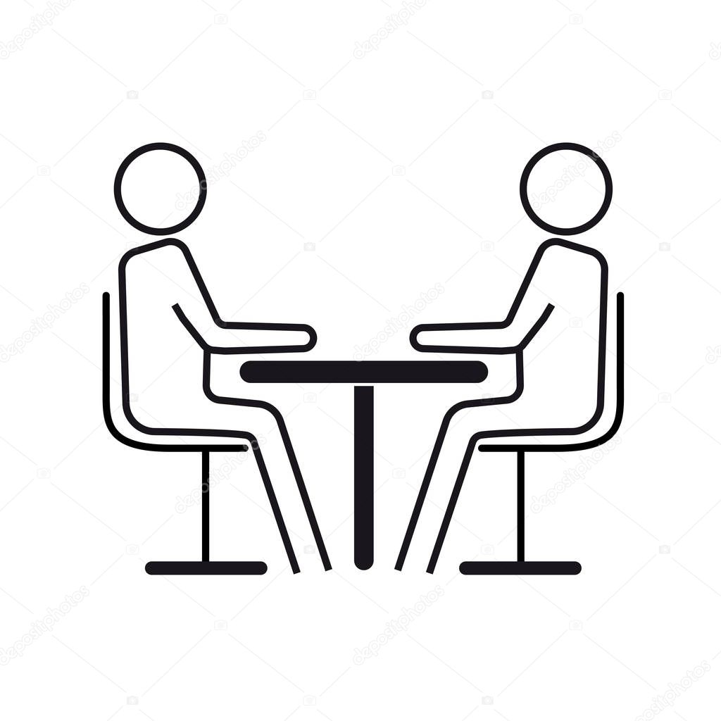 Two people at a table on a white background