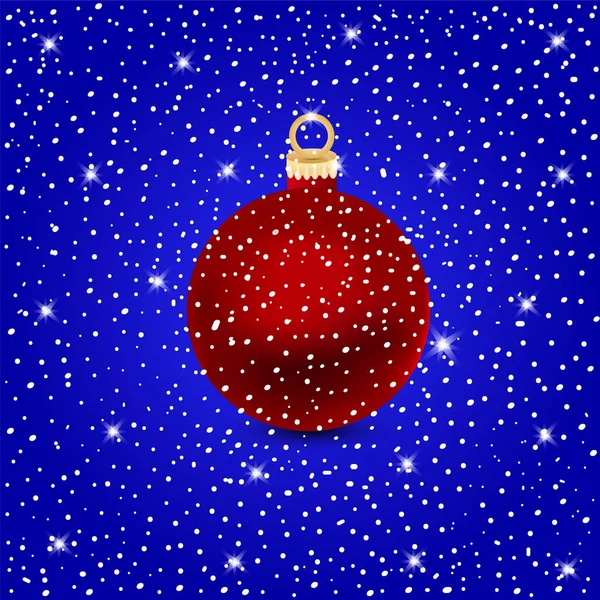 Rode bal op besneeuwde achtergrond. Kerstkaart. — Stockvector