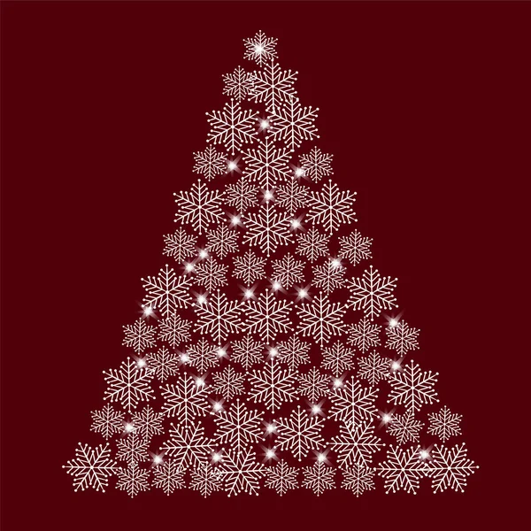 Рождественская елка из белых снежинок на красном фоне — стоковый вектор
