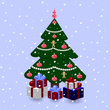 Noel ağacı karlı bir arka plan üzerinde hediyeler ile dekore edilmiş