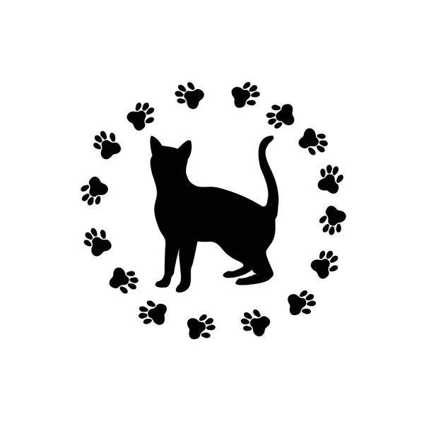 Pictogram van een zwarte kat, sporen van een kat van poten — Stockvector